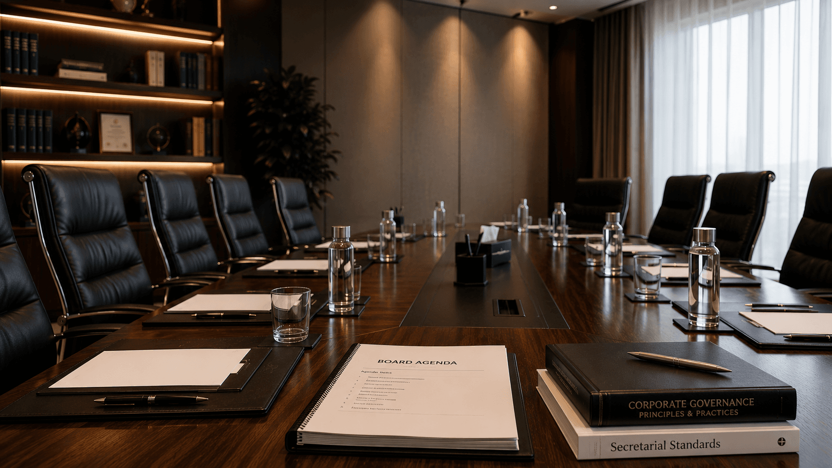 Corporate boardroom prepared for governance and advisory discussion