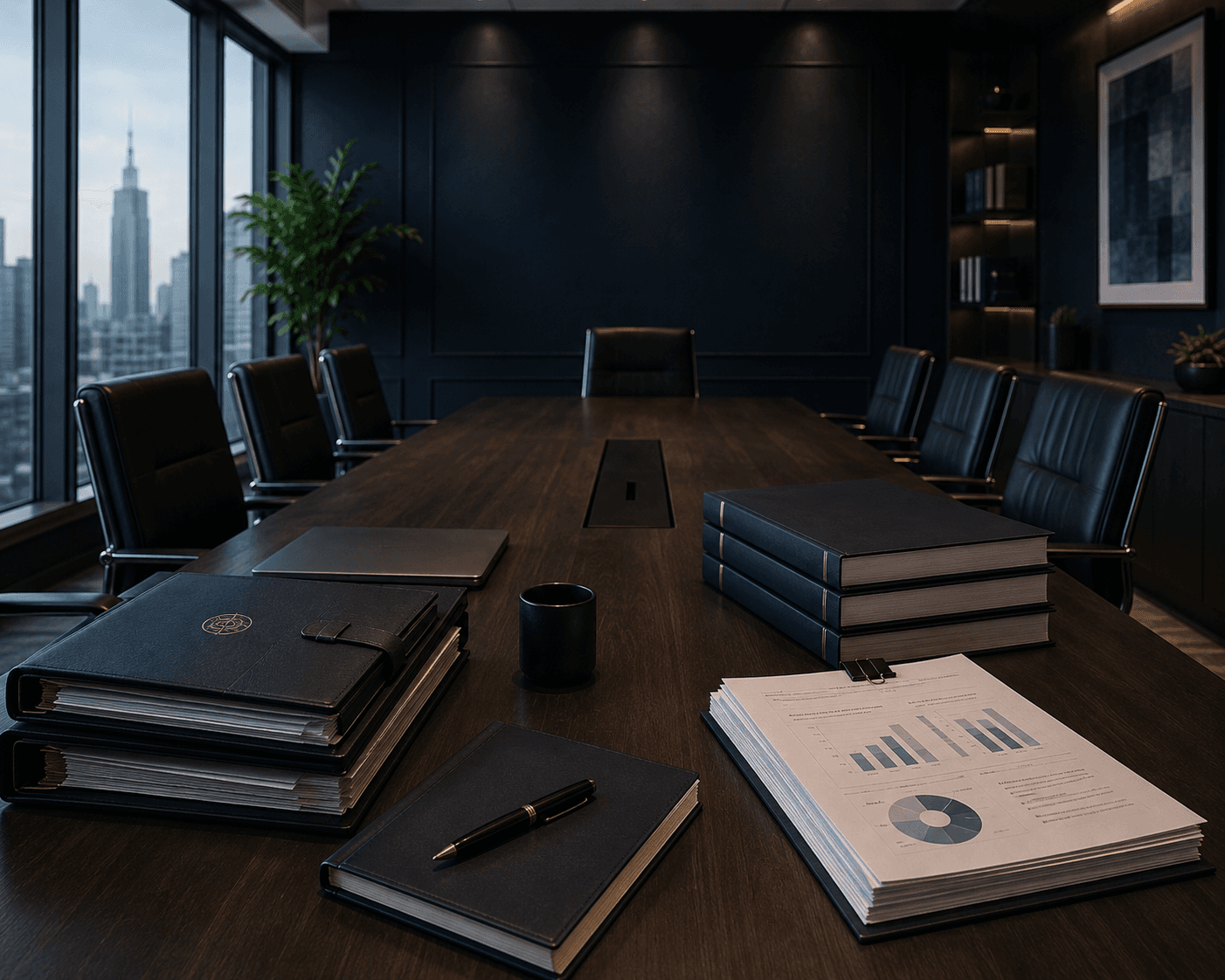 Premium corporate boardroom with governance records and structured compliance documents