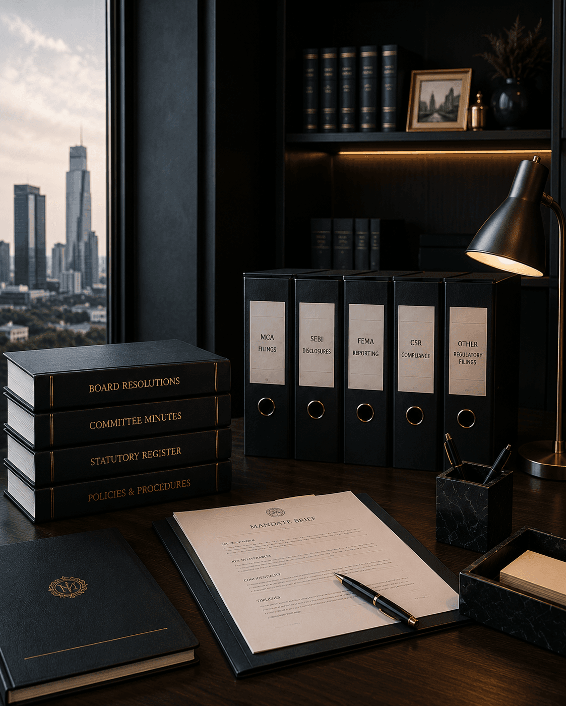 Board resolutions, statutory registers, compliance files, and mandate documents arranged in a professional office