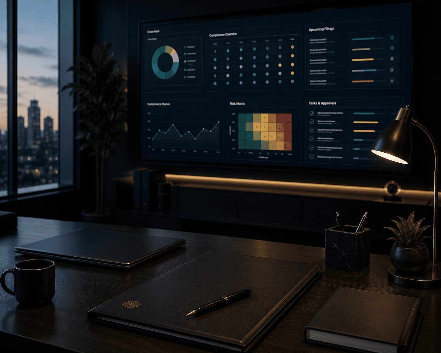 Executive compliance control workspace with governance dashboard and confidential decision support environment